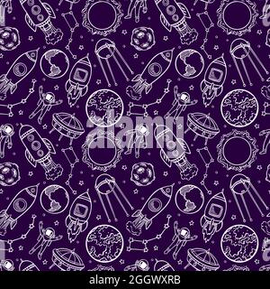 Niedliche nahtlose Hintergrund von Astronauten, Planeten und Raketen. Handgezeichnete Illustration Stock Vektor