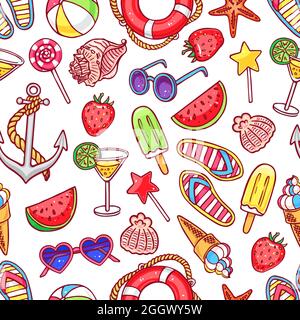 Niedliches Nahtmuster mit Sommer-Symbolen. Muscheln, Eis, Erdbeeren. Handgezeichnete Illustration Stock Vektor