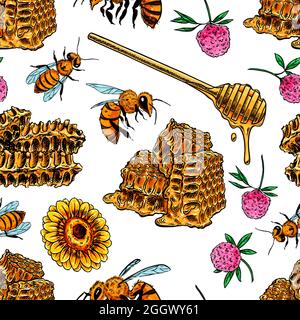 Nahtloser Hintergrund von Waben, Bienen, Blumen. Handgezeichnete Illustration Stock Vektor