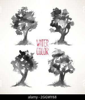 Set mit vier schönen grauen Aquarellbäumen. Handgezeichnete Illustration Stock Vektor
