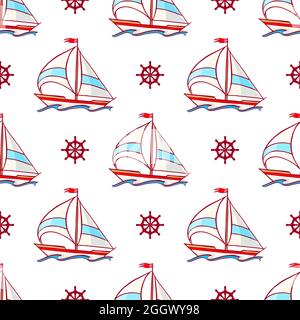 Schönes nahtloses Muster mit einem Segelboot und Lenkrädern eine handgezeichnete Illustration Stock Vektor