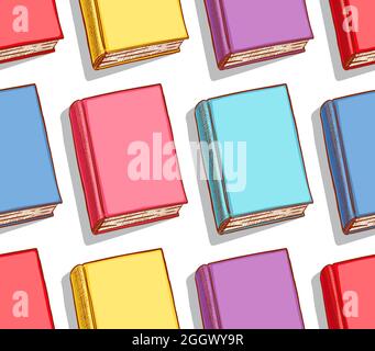 Nahtloser Hintergrund mit verschiedenen bunten Büchern. Handgezeichnete Illustration Stock Vektor