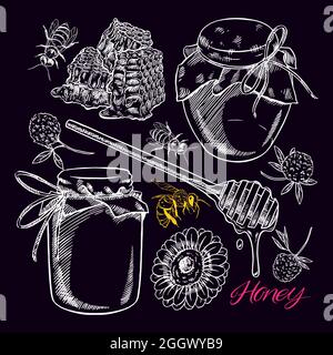 Niedliches Honigset. Honiggläser, Bienen, Honigwaben. Handgezeichnete Illustration Stock Vektor
