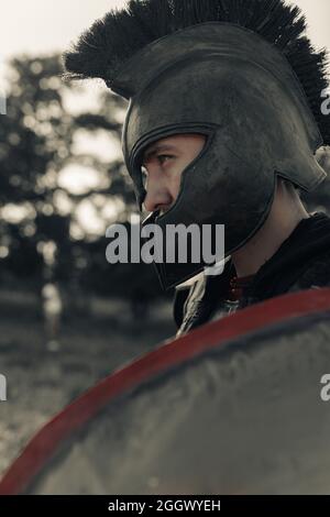 Porträt des alten spartanischen Kriegers in Helm mit Schild. Stockfoto