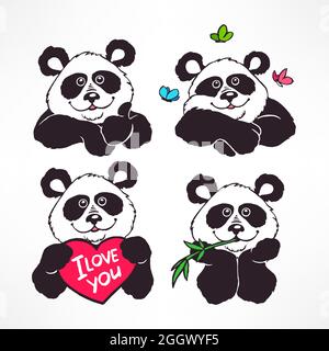 Set aus vier niedlichen lächelnden Pandas. Handgezeichnete Illustration Stock Vektor