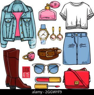 Mode-Sammlung von Mädchen Kleidung und Accessoires. Casual Frau Stil. Handgezeichnete Illustration Stock Vektor