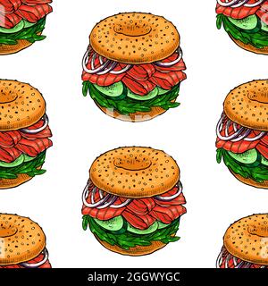 Nahtloser Hintergrund von appetitlichen Sandwiches. Handgezeichnete Illustration Stock Vektor