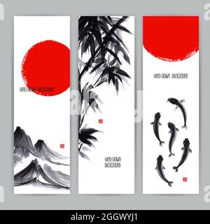 Drei schöne Banner mit japanischen Naturmotiven. Sumi-e. Handgezeichnete Illustration Stock Vektor