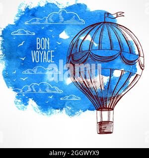 Retro-Karte mit einem fliegenden Ballon auf einem blauen Aquarell-Hintergrund. Handgezeichnete Illustration Stock Vektor