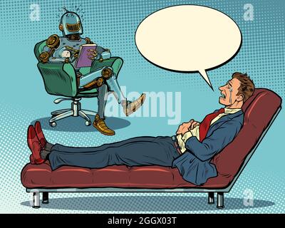 Ein Roboter-Psychotherapeut bei einer Psychotherapiesitzung mit einem Patienten, lacht und hört einem Geschäftsmann zu, sitzt auf einem Stuhl und macht Notizen in einem Notizbuch Stock Vektor
