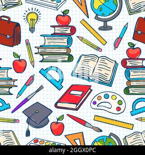 Kindfarbener Hintergrund mit Schulbedarf. Globus, Farben und Pinsel, Bücher. Handgezeichnete Illustration Stock Vektor
