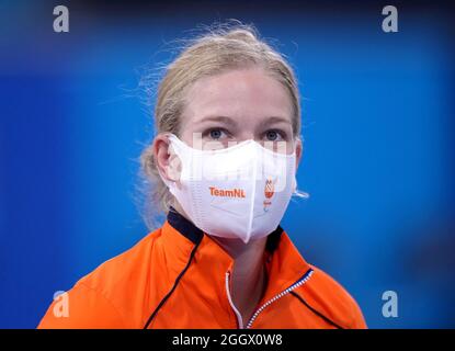 Diede de Groot, Niederländerin, feiert Gold das Gold-Einzel-Goldmedaillenspiel der Frauen im Ariake Tennis Park am 10. Tag der Paralympischen Spiele in Tokio 2020 in Japan. Bilddatum: Freitag, 3. September 2021. Stockfoto