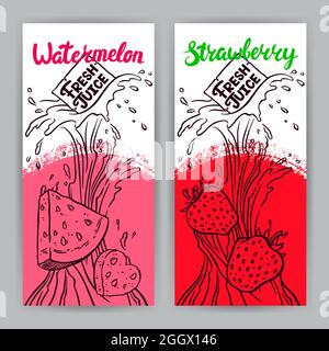 Zwei wunderschöne Banner. Frischer Saft. Wassermelone und Erdbeeren skizzieren. Handgezeichnete Illustration Stock Vektor