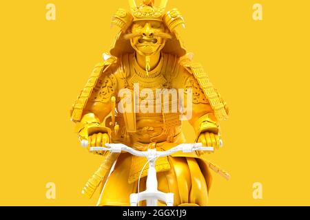 Nahaufnahme von Samurai in voller Rüstung auf dem Fahrrad. 3D-Illustration Stockfoto