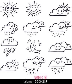 Set von niedlichen Wetter-Symbole. Handgezeichnete Illustration Stock Vektor