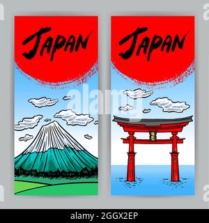 Zwei schöne vertikale Banner mit japanischen Attraktionen. Berg Fuji und Torii. Handgezeichnete Illustration Stock Vektor