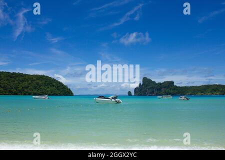 Wunderschöne tropische Ao Loh Dalum Bucht auf Phi Phi Don Island, Krabi Thailand, Meerblick, Sommerurlaub. Stockfoto