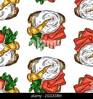 Nahtloser Hintergrund von köstlichen Frühstück Toast Eier, Fisch und andere Zutaten. Handgezeichnete Illustration Stock Vektor