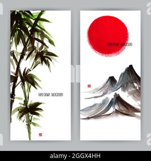 Zwei schöne Banner mit japanischen Naturmotiven. Sumi-e. Handgezeichnete Illustration Stock Vektor