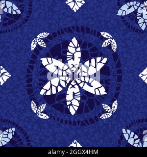 Vektor blau Shibori Quilt abstrakte Blume und runden Kreis nahtlose Muster mit Terrazzo Hintergrund 09. Geeignet für Textilien, Geschenkpapier und Tapeten Stock Vektor