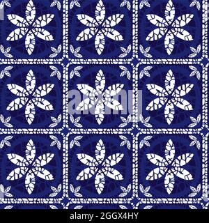 Vektor blau Shibori Quilt Quadrate floralen Fliesen nahtlose Muster 08. Geeignet für Textilien, Geschenkpapier und Tapeten. Stock Vektor