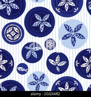 Vektor weißen Shibori Quilt abstrakte Blume mit Kreisen nahtlose Muster mit Streifen Hintergrund. Geeignet für Textilien, Geschenkpapier und Tapeten. Stock Vektor