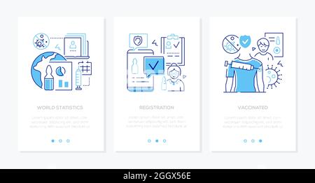Impfung und Sicherheit - modernes Line-Design-Stil Banner-Set. Drei Bildschirme für App für covid. Blaue Bilder mit Platz für Text. Welt s Stock Vektor