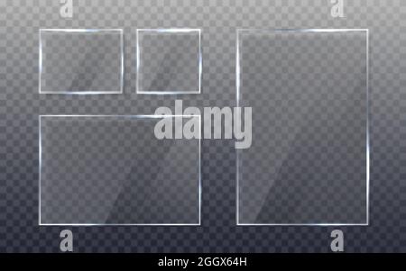 Glasplatten-Set. Realistisches Glas mit Schatten. Durchsichtiges Blatt auf transparentem Hintergrund. Fenstervorlage mit Lichteffekt. Acrylscheibe. Vektor Stock Vektor