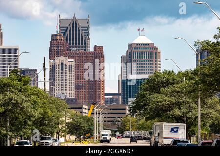 Detroit, Michigan - Downtown Detroit, von der nahen Westseite aus gesehen. Stockfoto