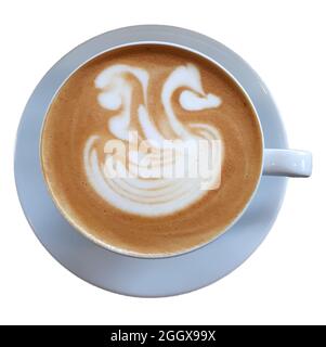 Weiße Tasse heißen Kaffee Latte Art Schaum isoliert auf weißem Hintergrund, Schwan Stockfoto