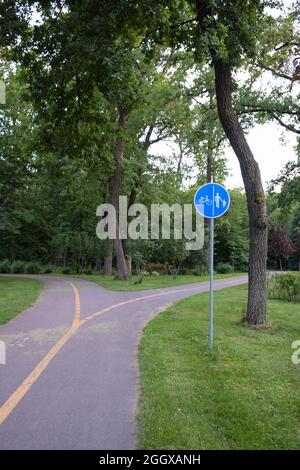 Ein leerer Weg in einem Sommerpark für Fahrräder und Fußgänger, der sich in verschiedene Richtungen teilt Stockfoto