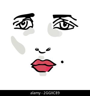 Vektor-Illustration eines traurigen weiblichen Gesichts mit einem Maulwurf und roten Lippen. Stock Vektor