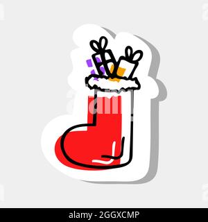 Handgezeichnete Illustration mit bunten Geschenktüten in Socke für Weihnachten für Aufkleber, Druck, Poster, Kartendesign. Stock Vektor