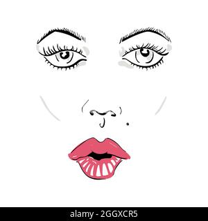 Vektor-Illustration mit einem Gesicht einer Frau mit einem Maulwurf und rosa Lippen. Stock Vektor