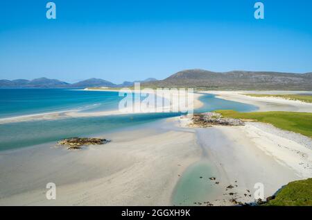 Blick auf Luskentire Beach und Sound of Taransay, von Seilebost auf der Isle of Harris, Äußere Hebriden, Schottland, Großbritannien Stockfoto