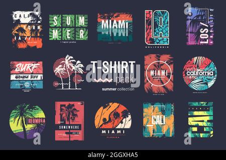 Kollektion von vierzehn bunten Vektor-T-Shirt-Sommerdesigns, Prints, Illustrationen Stock Vektor