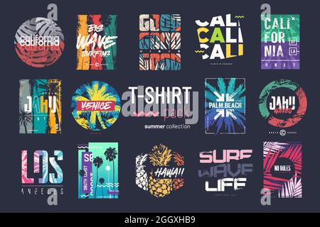Kollektion von vierzehn bunten Vektor-T-Shirt-Sommerdesigns, Prints, Illustrationen Stock Vektor