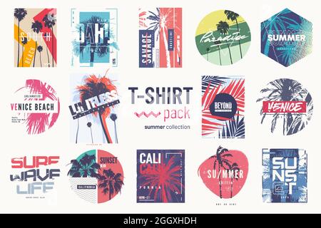 Kollektion von vierzehn bunten Vektor-T-Shirt-Sommerdesigns, Prints, Illustrationen Stock Vektor