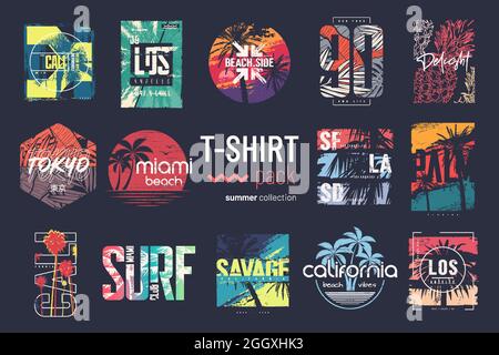Kollektion von vierzehn bunten Vektor-T-Shirt-Sommerdesigns, Prints, Illustrationen Stock Vektor