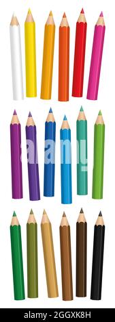 Kurze Buntstifte - bunte kleine Bleistift-Set, lose angeordnet - Illustration auf weißem Hintergrund. Stockfoto