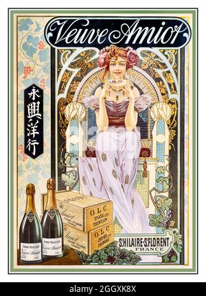 Vintage Sekt Cremant Poster 'Veuve Amiot' in Flaschen abgefüllt und verpackt für Shanghai China Art Nouveau Farbe lithographische Poster für große Veuve Amiot Schaumweine für den Export nach Shanghai bestimmt. Lithographie von G Bataille Paris 1900 Cremant Sparkling Wine Poster 'Veuve Amiot', abgefüllt und verpackt für Shanghai China Stockfoto