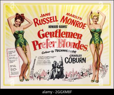 Vintage Movie Film Poster 'Gentlemen Prefer Blondes' mit Jane Russell & Marilyn Monroe und James Coburn unter der Regie von Howard Hawks Gentlemen Prefer Blondes ist ein amerikanischer Musical-Comedy-Film aus dem Jahr 1953, der auf dem gleichnamigen Musical mit 1949 Bühnen basiert. Regie führte Howard Hawks Stockfoto