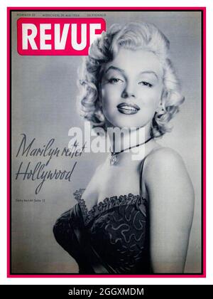 Marilyn Monroe 1954 REVUE des deutschen Filmmagazins mit einem wunderschönen Marilyn Monroe Studioportrait in Schwarzweiß auf dem Frontcover. Revue ist eine wöchentlich erscheinende Illustrierte in deutscher Sprache, die in Luxemburg veröffentlicht wird. Stockfoto