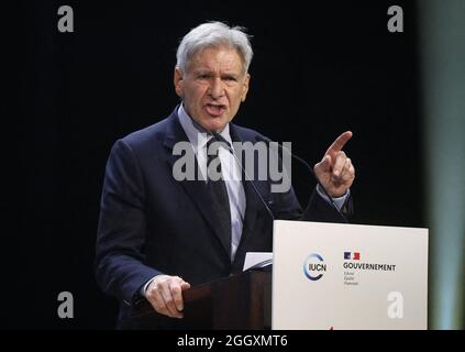 Marseille, Frankreich. September 2021. Der amerikanische Schauspieler Harrison Ford während des IUCN-Weltkonservierungskongresses am 3. September 2021 in Marseille, Frankreich. Der IUCN-Weltkongress wird Maßnahmen zur naturbasierten Erholung, zum Klimawandel und zur biologischen Vielfalt vorantreiben. Foto von Dominique Jacovides/Pool/ABACAPRESS.COM Quelle: Abaca Press/Alamy Live News Stockfoto