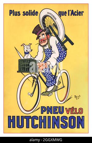 Vintage 1900er Jahre Französischer Radfahrrad Reifenplakatwerbung Plus solide Que L’Acier Pneu Vélo Hutchinson’ Lithographisches Plakat gedruckt von: Société Nouvelle Affiches Gaillard Paris Amiens Künstler: MICH Michel Liebeaux, (1881 – 1923) Stockfoto