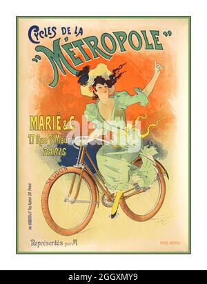 Französisches Fahrrad-Werbeplakat MÉTROPOLE ‘Cycles De La „Métropole“ Marié & Co. 17 Rue St Maur Paris’ Lithografisches Poster gedruckt von: J. Kossuth & Cie – 24, Rue Albouy, Paris. Künstler: Lucien Baylac (1851 – 1911) [trägt Unterschrift im Bild] datiert: 1893 Stockfoto