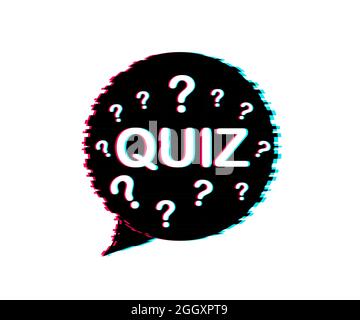 Quiz-Logo mit Sprechblasensymbolen, Konzept der Fragebogenshow Sing, Quiz-Taste, Fragenwettbewerb. Glitch-Symbol. Vektorgrafik. Stock Vektor