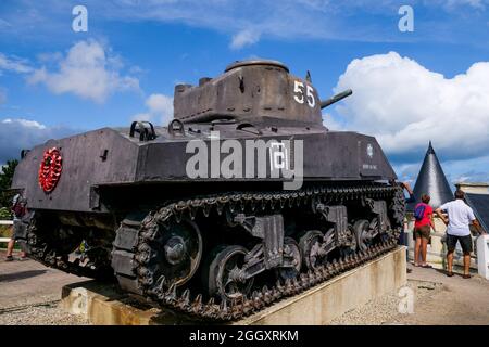 Sherman Panzer aus der französischen 2. DB, Arromanche, Calvados, Normandie Region, Nordwestfrankreich Stockfoto