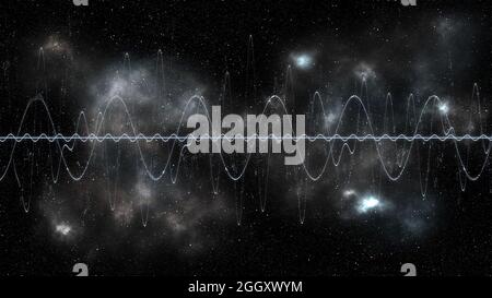 Abbildung des Sci-Fi-Konzepts. Radiowellen unbekannter Herkunft, die aus dem tiefen kosmischen Raum in weißem Nebel und Millionen Sterne mit galaxie kommen Stockfoto