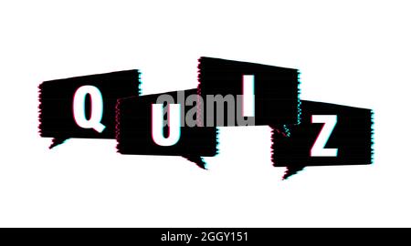 Quiz-Logo mit Sprechblasensymbolen, Konzept der Fragebogenshow Sing, Quiz-Taste, Fragenwettbewerb. Glitch-Symbol. Vektorgrafik. Stock Vektor